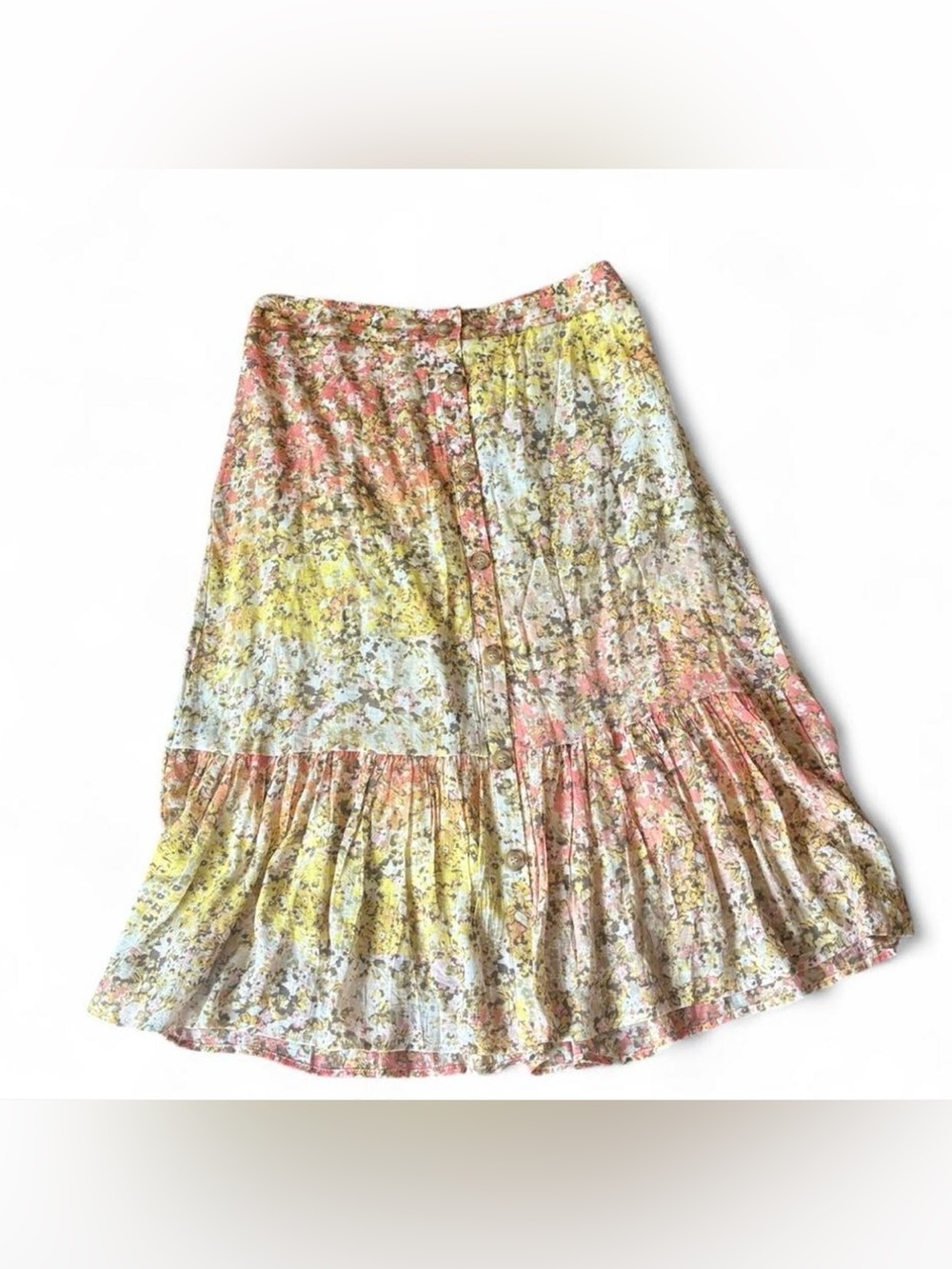 Mlle Gabrielle Skirt XL Floral Button-Front Tiered Midi Skirt in Yellow and Pink - Picture 4 of 9